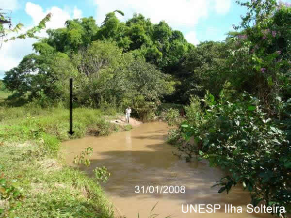 Ponto 3 do C&oacute;rrego do Coqueiro em 31 de janeiro de 2008, indicando at&eacute; onde a &aacute;gua chegou durante a onda de cheia